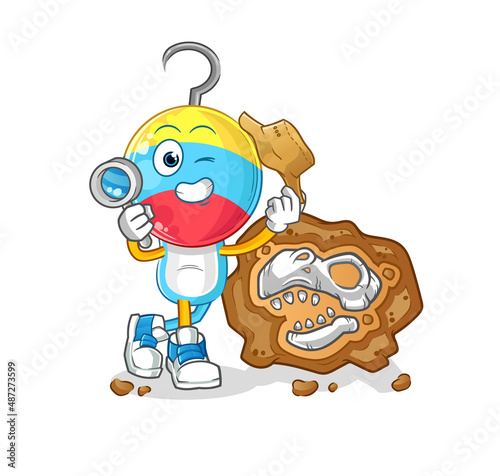 fishing bait head cartoon archaeologists with fossils mascot. cartoon vector