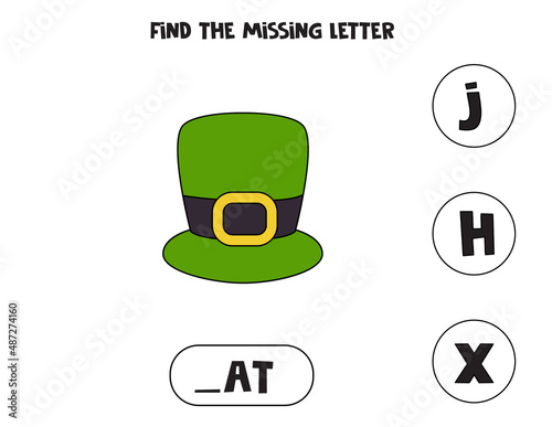 Find missing letter with cartoon hat. Spelling worksheet.