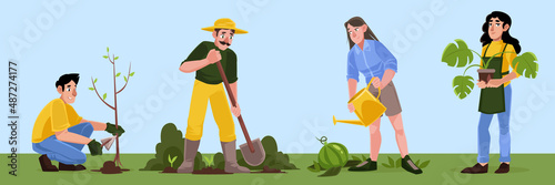 People work in garden, plant trees and flowers, watering. Vector flat illustration of farmers or volunteers gardening on farm, yard or public park. Men and women with houseplant in pot and shovels