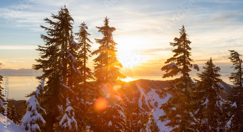 Sunset View from top of Hollyburn Mountain in Winter Season. West Vancouver, British Columbia, Canada. Canadian Nature Background photo