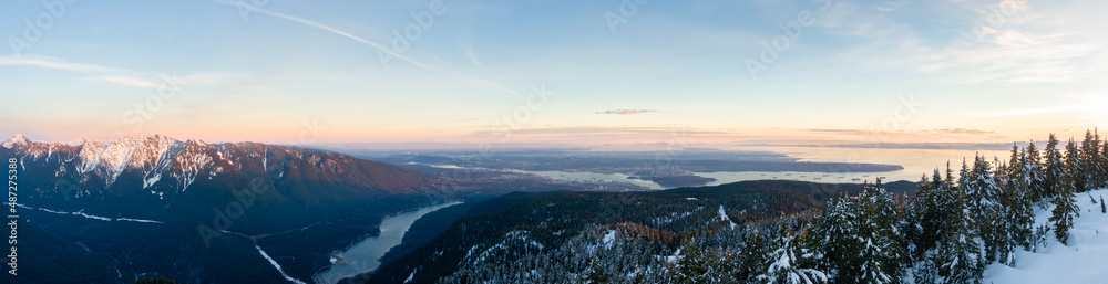 Aerial Panoramic View of Hollyburn Mountain during Winter Sunset. West Vancouver, British Columbia, Canada. Nature Background panorama