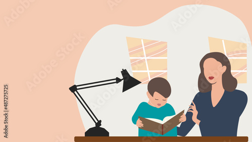 Mother checking son's homework. Homeschooling concept.
