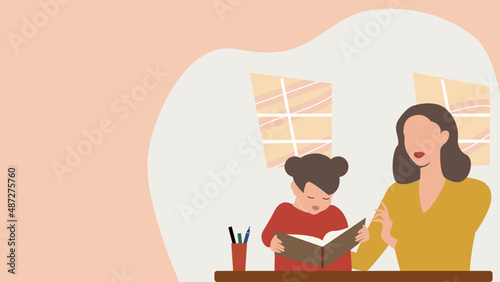 Mother checking daughter's homework. Homeschooling concept.