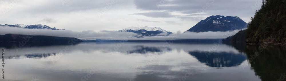 Panoramic view of Harrison Lake with mountains in background. Canadian Nature Background Panorama. British Columbia, Canada.