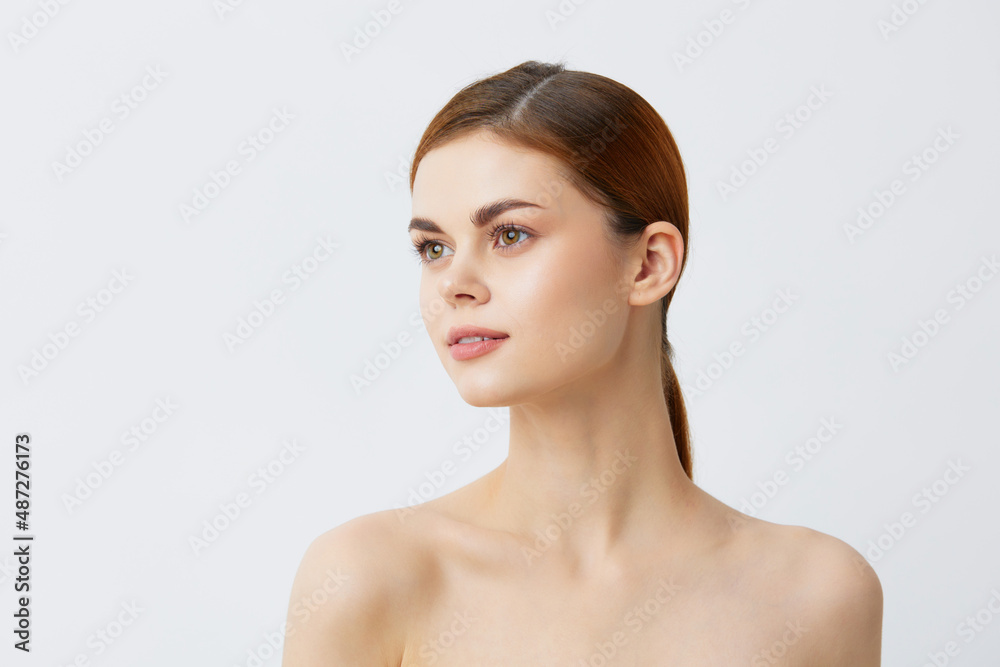 beautiful woman smiling woman bare shoulders clean skin charm Model isolated background beautiful woman smiling woman bare shoulders clean skin charm Model isolated background