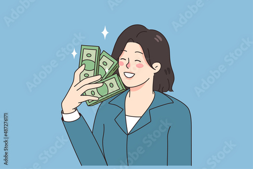 Smiling businesswoman hold dollar banknotes in hands excited with job promotion and salary raise. Happy woman employee with money bills overjoyed with wage rise. Flat vector illustration. 
