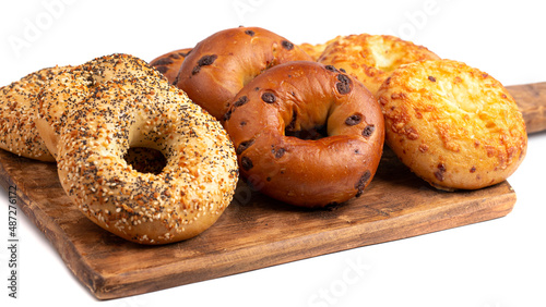 Variety of Bagel Flavors on a Cutting Board