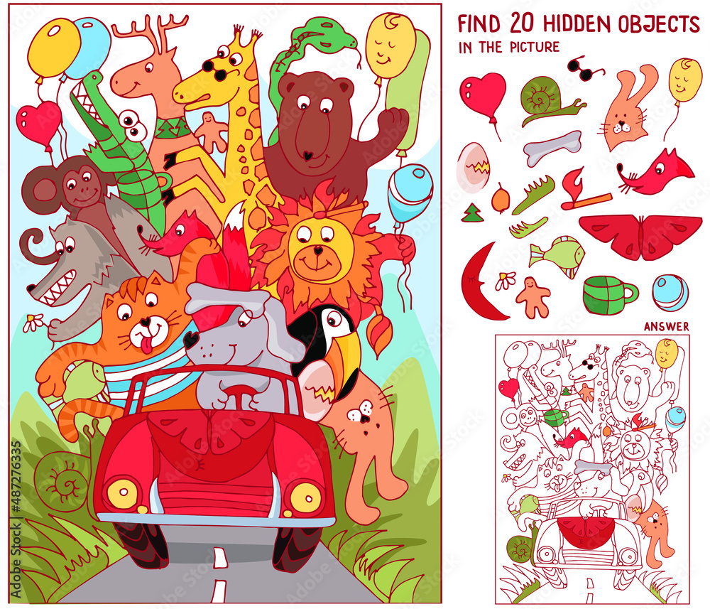 Find hidden objects. Animal ride by car. Vacation. Puzzle game for kids.  Printable education worksheet. Sketch vector illustration. Stock Vector |  Adobe Stock