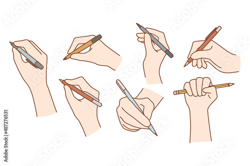 Set of hands of people with pens and pencils writing or taking notes. Collection of person with writing tools handwrite or summarize. Education and learning concept. Vector illustration. 