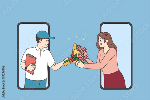 Smiling deliveryman give flowers to excited woman make order online on smartphone. Happy man courier delver bouquet to female client with mobile cellphone app. Flat vector illustration. 