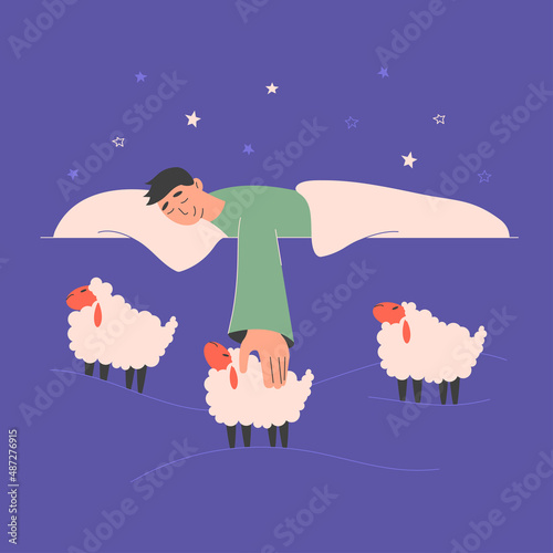 A young man dreaming and counting sheep under stars