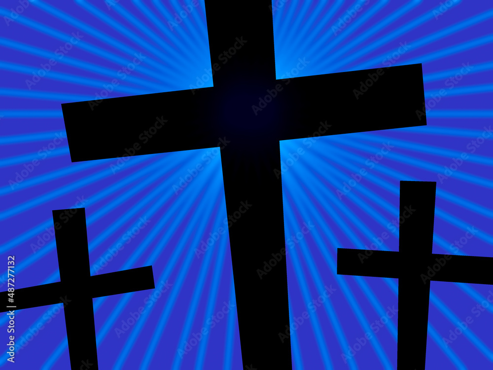 An abstract graphic design of silhouette crosses with scattered light background