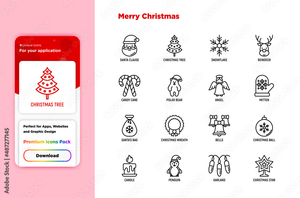 Christmas thin line icons set: Santa Claus, snowflake, reindeer, wreath, bells, decoration, candy cane, polar bear in hat, angel, mitten, candle, penguin, garland. Modern vector illustration. Christmas thin line icons set: Santa Claus, snowflake, reindeer, wreath, bells, decoration, candy cane, polar bear in hat, angel, mitten, candle, penguin, garland. Modern vector illustration.