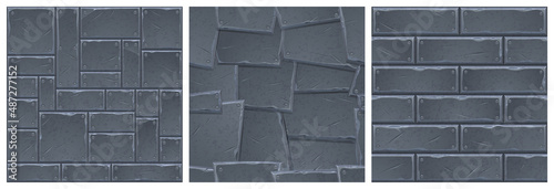 Metal texture seamless background for game, vector grey colored plaques with nails and rough edges, brick wall or floor tiling in bunker or spaceship, steel or silver planks, Cartoon illustration, set
