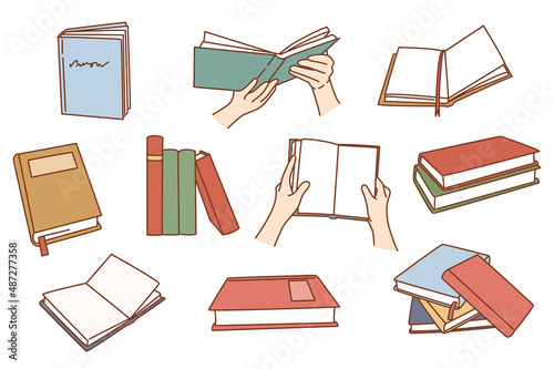 Set of books for school or university studying. Collection of people students read textbooks prepare for exam. Self-education and learning concept. Literature bundle. Flat vector illustration. 