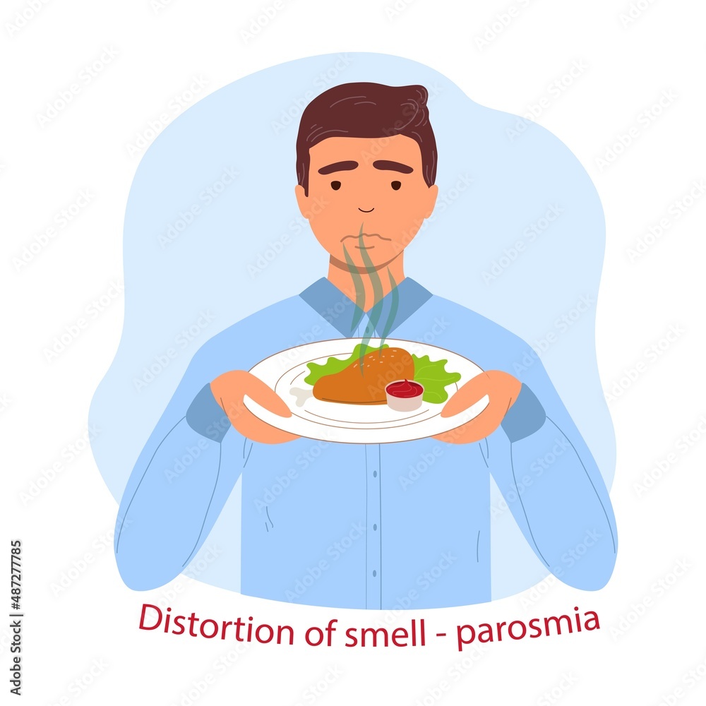 Parosmia - a distorted perception of smells. A man sniffs a plate of food. vector flat illustration isolated on white background Parosmia - a distorted perception of smells. A man sniffs a plate of food. vector flat illustration isolated on white background