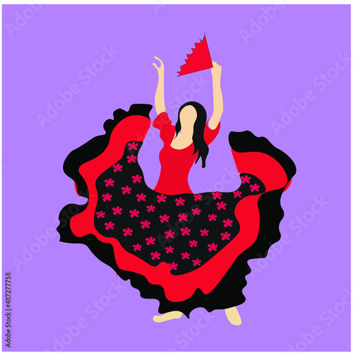 flat illustration. gypsy girl dancing in a red and black dress with a full skirt and a fan barefoot
