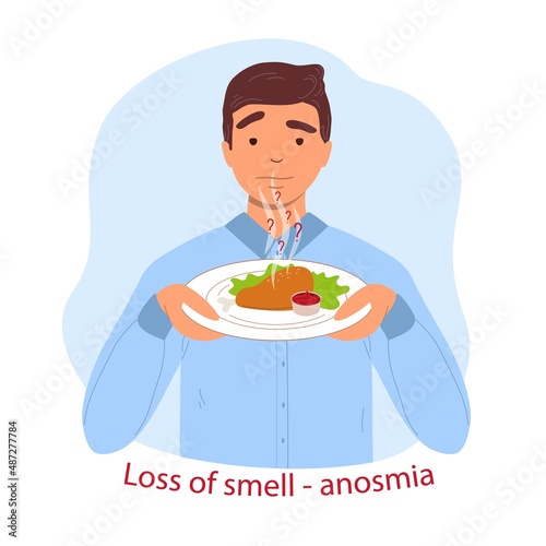 The disappearance of the sense of smell is the consequences of a coronavirus infection. A man does not smell food. Vector illustration isolated on white background photo