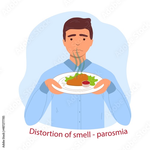 Parosmia - a distorted perception of smells. A man sniffs a plate of food. vector flat illustration isolated on white background