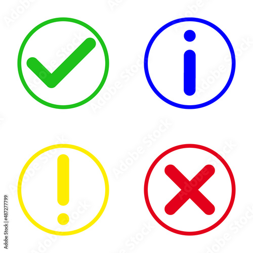 Green, yellow, blue and red icon, four symbols for passed, attention, information and rejected, isolated on white background