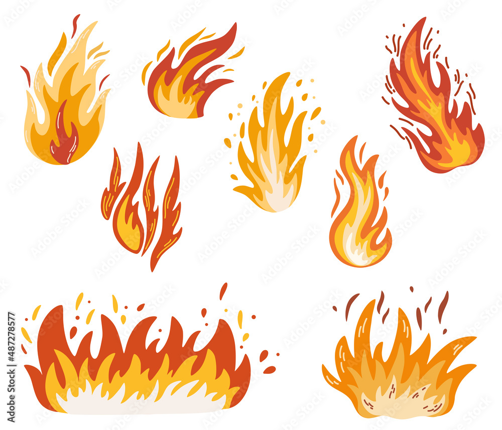 Cartoon Fire Flames Set and Line. Vector Stock Vector