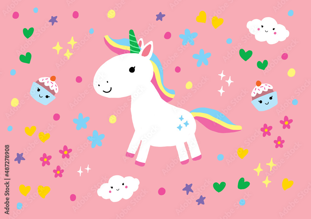 Cute Unicorn Cartoon with flowers and spark Cute Unicorn Cartoon with flowers and spark