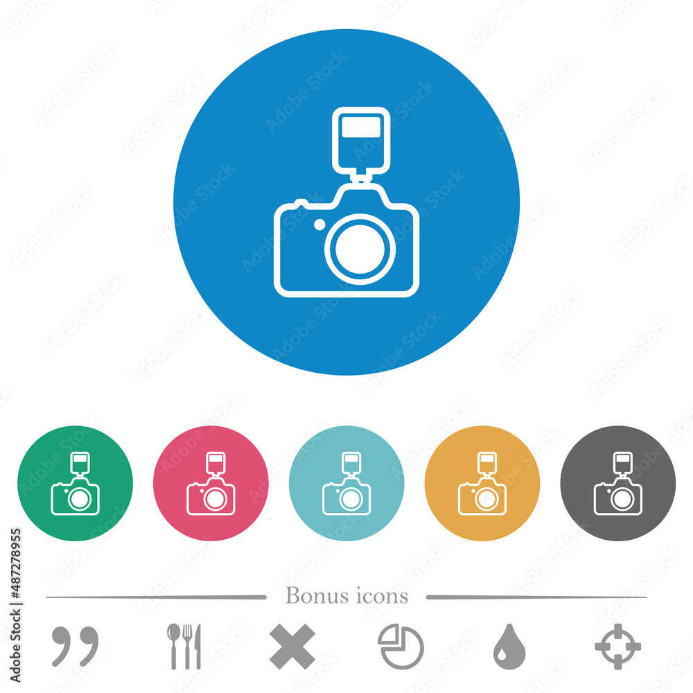 Camera with flash outline flat round icons Camera with flash outline flat round icons