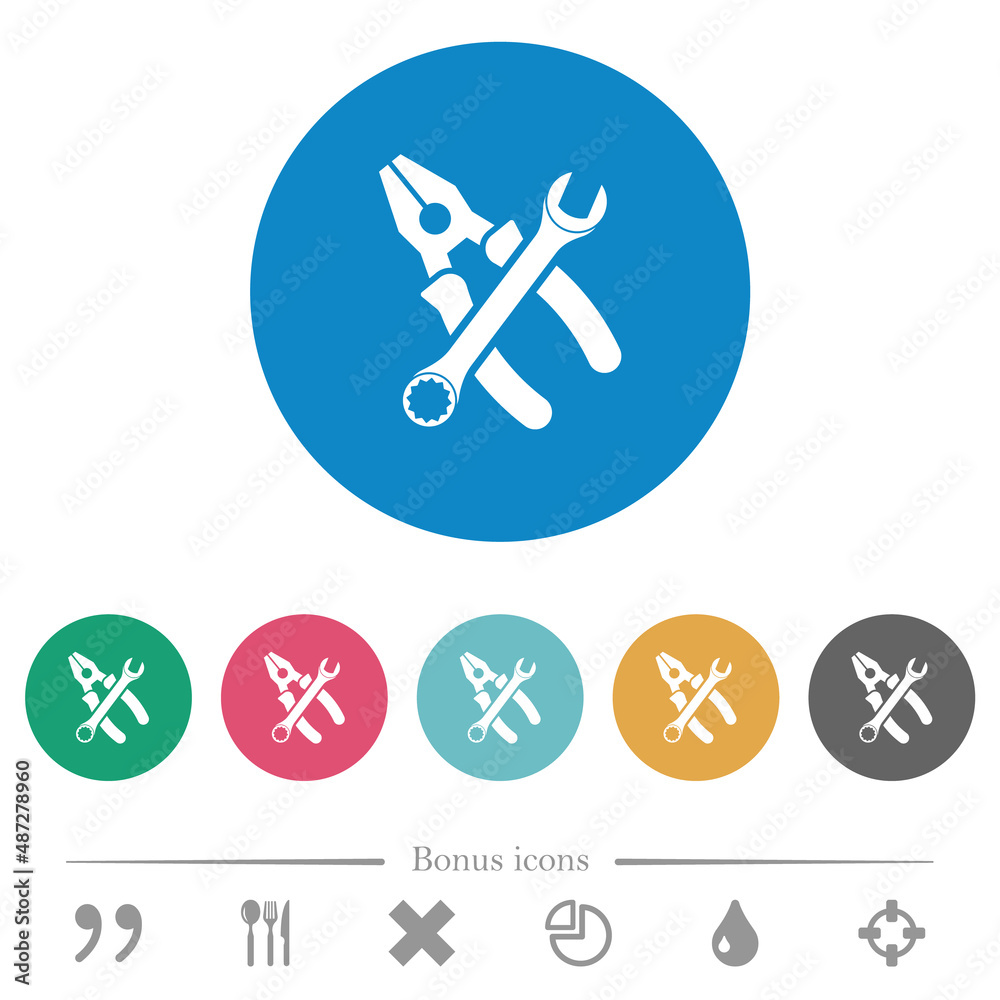 Combined pliers and wrench in crossed position flat round icons Combined pliers and wrench in crossed position flat round icons