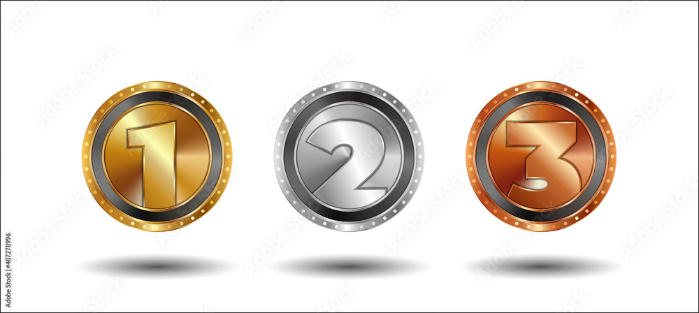 Gold, Silver and Bronze medals set with numbers for prize positions. Vector 3d realistic award medals set on white background. Gold, Silver and Bronze medals set with numbers for prize positions. Vector 3d realistic award medals set on white background.