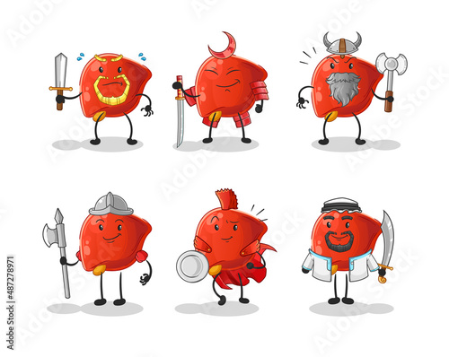 liver warrior group character. cartoon mascot vector