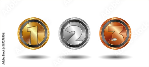 Gold, Silver and Bronze medals set with numbers for prize positions. Vector 3d realistic award medals set on white background.