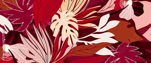 Abstract botanical background. Tropical watercolor banner with red tone palm leaf and monstera leaves. Summer pattern design for wallpaper, prints, cover, fabric, wall art and home decor.