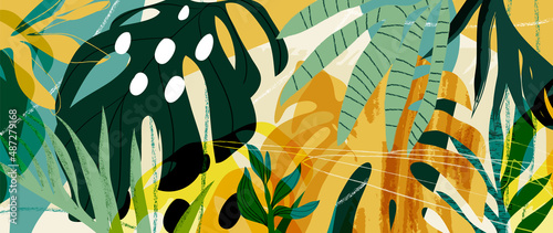 Abstract botanical background. Tropical watercolor banner with green, yellow palm leaf and monstera leaves. Summer pattern design for wallpaper, prints, cover, fabric, wall art and home decor.
