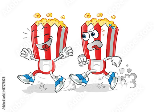 popcorn head cartoon play chase. cartoon mascot vector