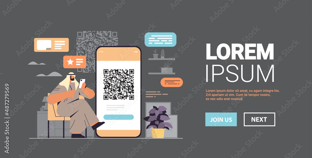 arab man holding smartphone businessman scanning qr code in online mobile app horizontal arab man holding smartphone businessman scanning qr code in online mobile app horizontal