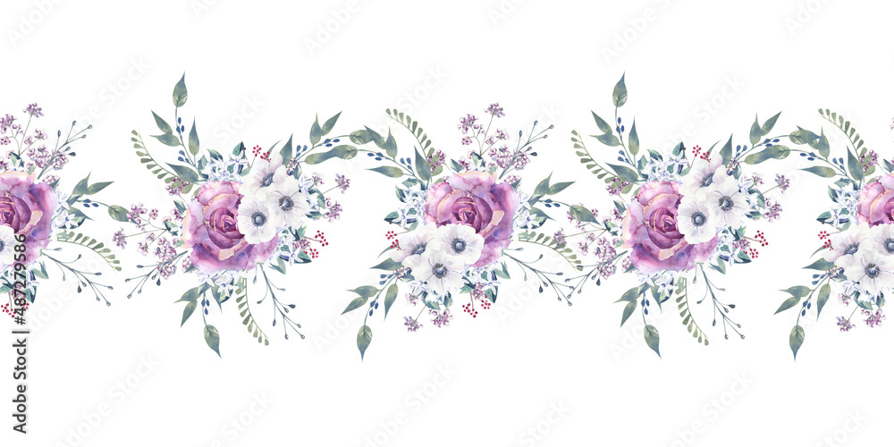 Seamless border with purple roses and anemones. Hand-drawn watercolor illustration