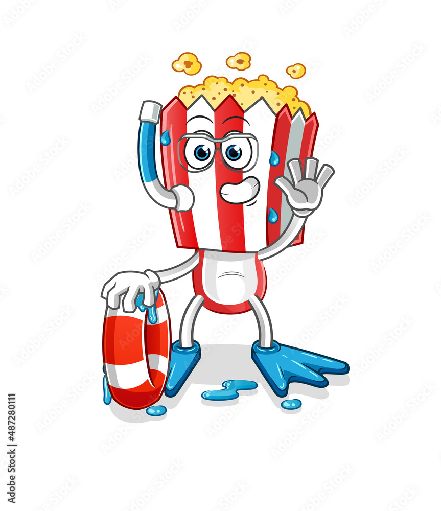 Fototapeta premium popcorn head cartoon swimmer with buoy mascot. cartoon vector