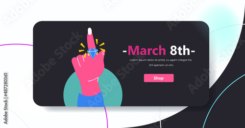 female hand with diamond ring international happy womens day celebration concept 8th march greeting card