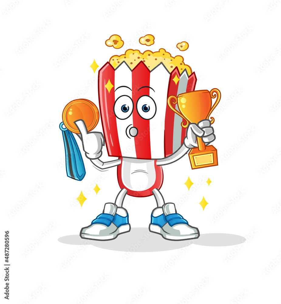 Obraz premium popcorn head cartoon winner with trophie. cartoon character