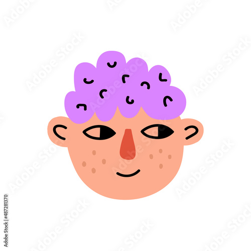 Young boy face character with purple wavy hairs isolated on white background. Fashion funny cartoon head. Colorful people avatar. Vector illustration 