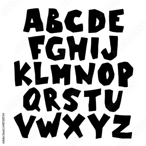 Paper cut Alphabet. Modern simple hand drawn black font. Cute kids poster. Capital bold letters in childish graphic style. Vector illustration