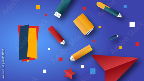 Back to school abstract background with modern simple hand-drawn doodle, pencil, notebook, wavy elements