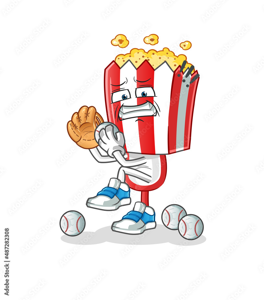 popcorn head cartoon baseball pitcher. cartoon mascot vector