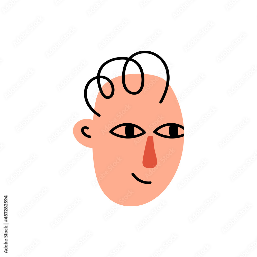 Young boy face character with  wavy hairs isolated on white background. Fashion funny cartoon head. Colorful people avatar. Vector illustration	