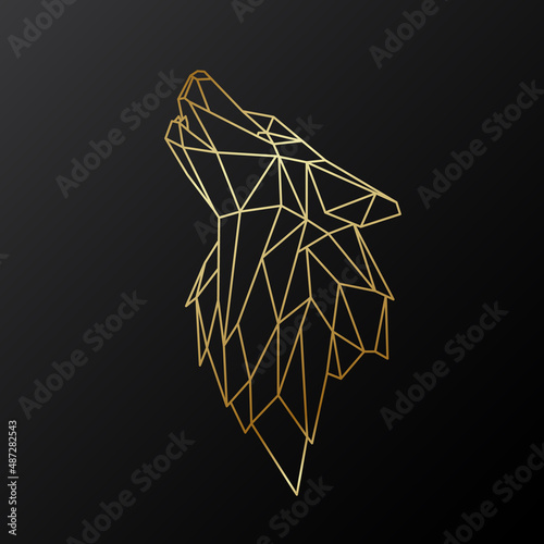 Golden geometric head of howling wolf. Muzzle of wild wolf. Vector design for tattoo, logo, print and etc.
