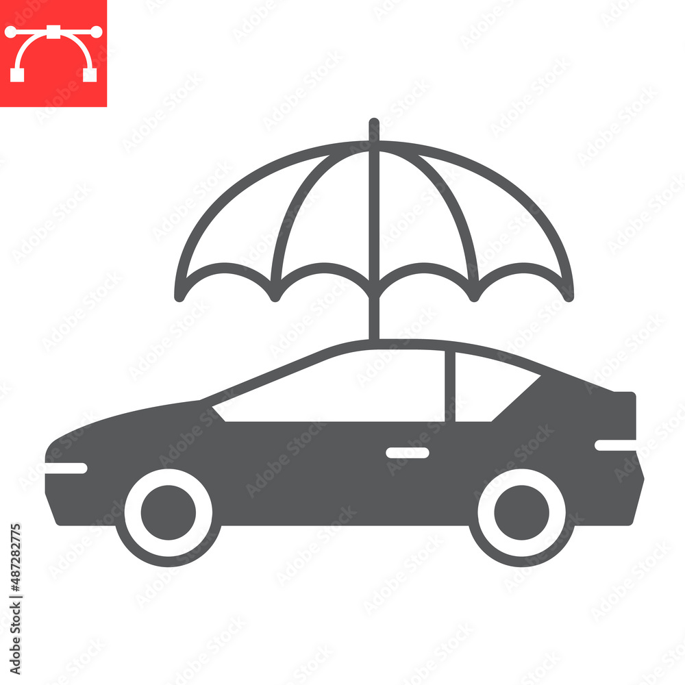 Car insurance glyph icon, protection and vehicle, car with umbrella vector icon, vector graphics, editable stroke solid sign, eps 10. Car insurance glyph icon, protection and vehicle, car with umbrella vector icon, vector graphics, editable stroke solid sign, eps 10.