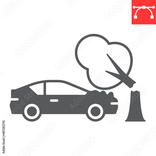 Tree falling on car glyph icon, insurance and crash, tree falling on vehicle vector icon, vector graphics, editable stroke solid sign, eps 10.