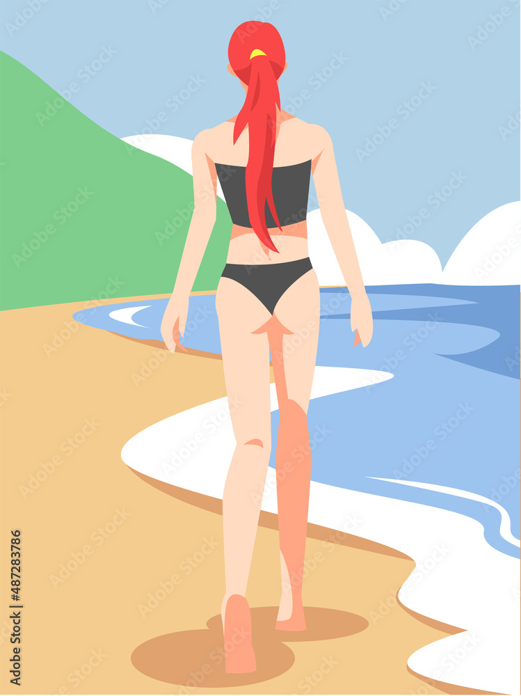 illustration of a girl in a swimsuit walking on the beach. sea water background, mountains, sand. suitable for the theme of vacation, swimming, travel, beauty, etc. flat vector