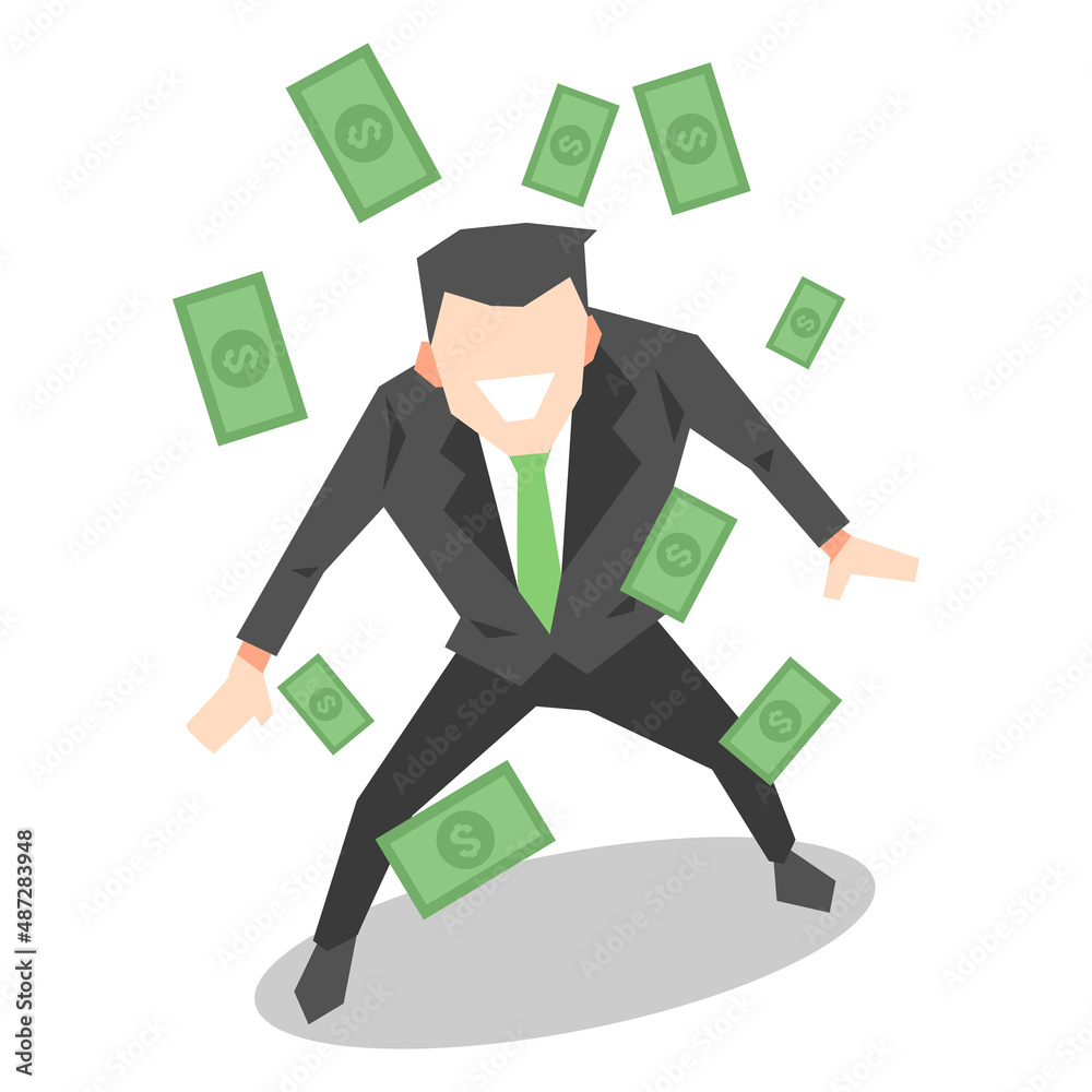 Illustration of money rain. successful male businessman. happy expression. suitable for the theme of work, success, profit, rich, etc. flat vector style