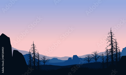 Fantastic mountain view from the cliff edge at dusk with an aesthetic silhouette of dry pine trees